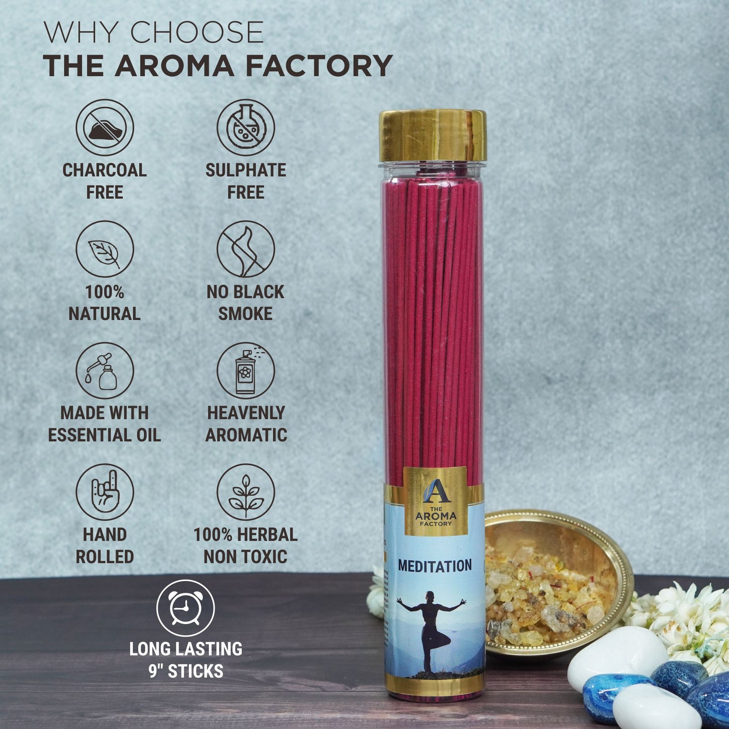 The Aroma Factory Meditation Incense Stick Agarbatti (0% Charcoal 0% Sulphates) Organic & Herbal Agarbatti Bottle Pack, 100G