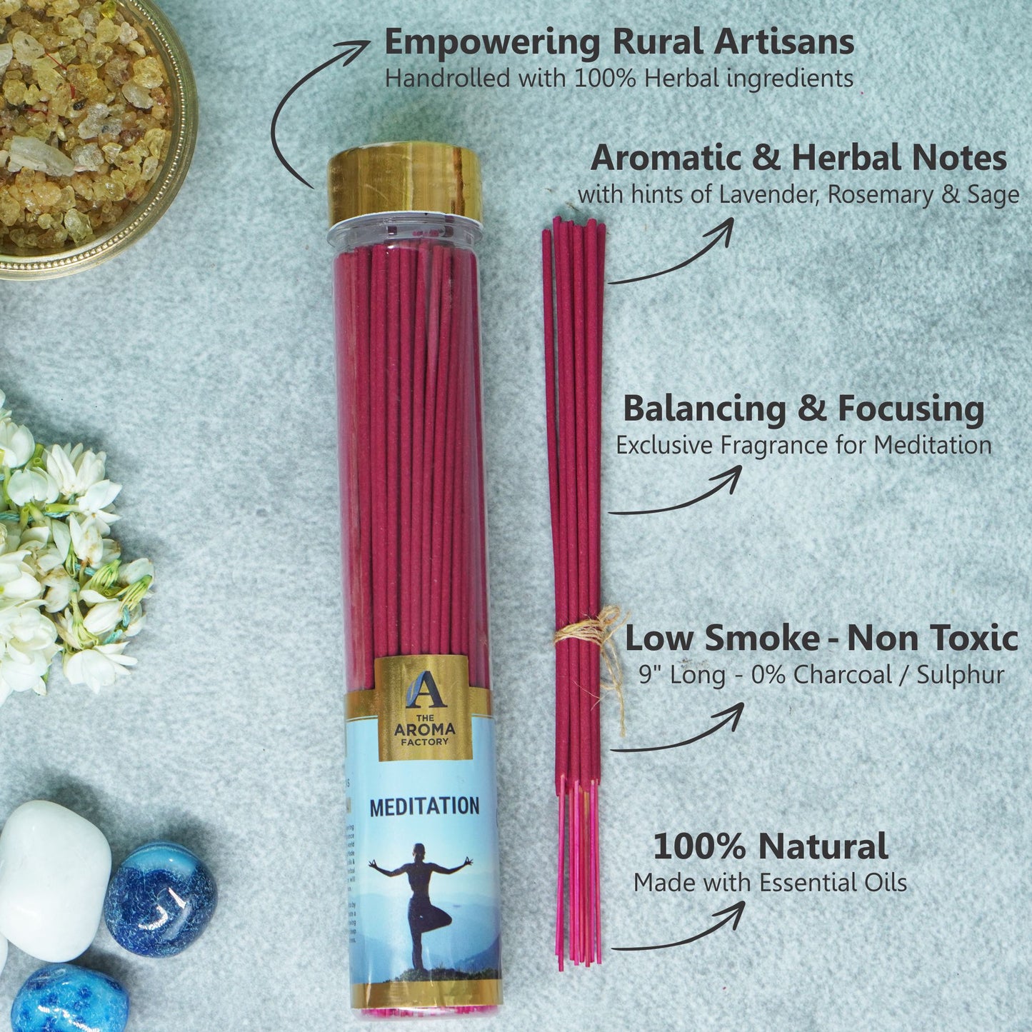 The Aroma Factory Meditation Incense Stick Agarbatti (0% Charcoal 0% Sulphates) Organic & Herbal Agarbatti Bottle Pack, 100G