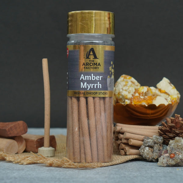 The Aroma Factory Amber & Myrrh Dhoop Stick (0% Charcoal 0% Suphates) Herbal Incense Dhoopbatti Bottle Pack, 75g