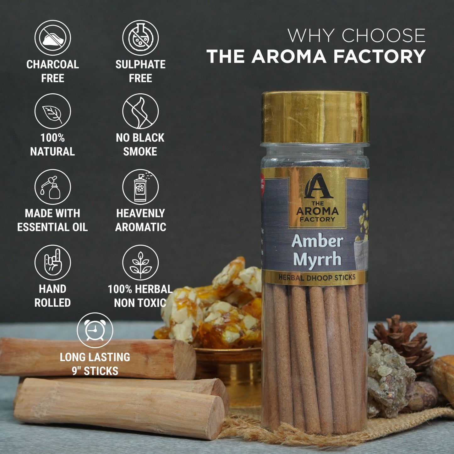 The Aroma Factory Amber & Myrrh Dhoop Stick (0% Charcoal 0% Suphates) Herbal Incense Dhoopbatti Bottle Pack, 100 g