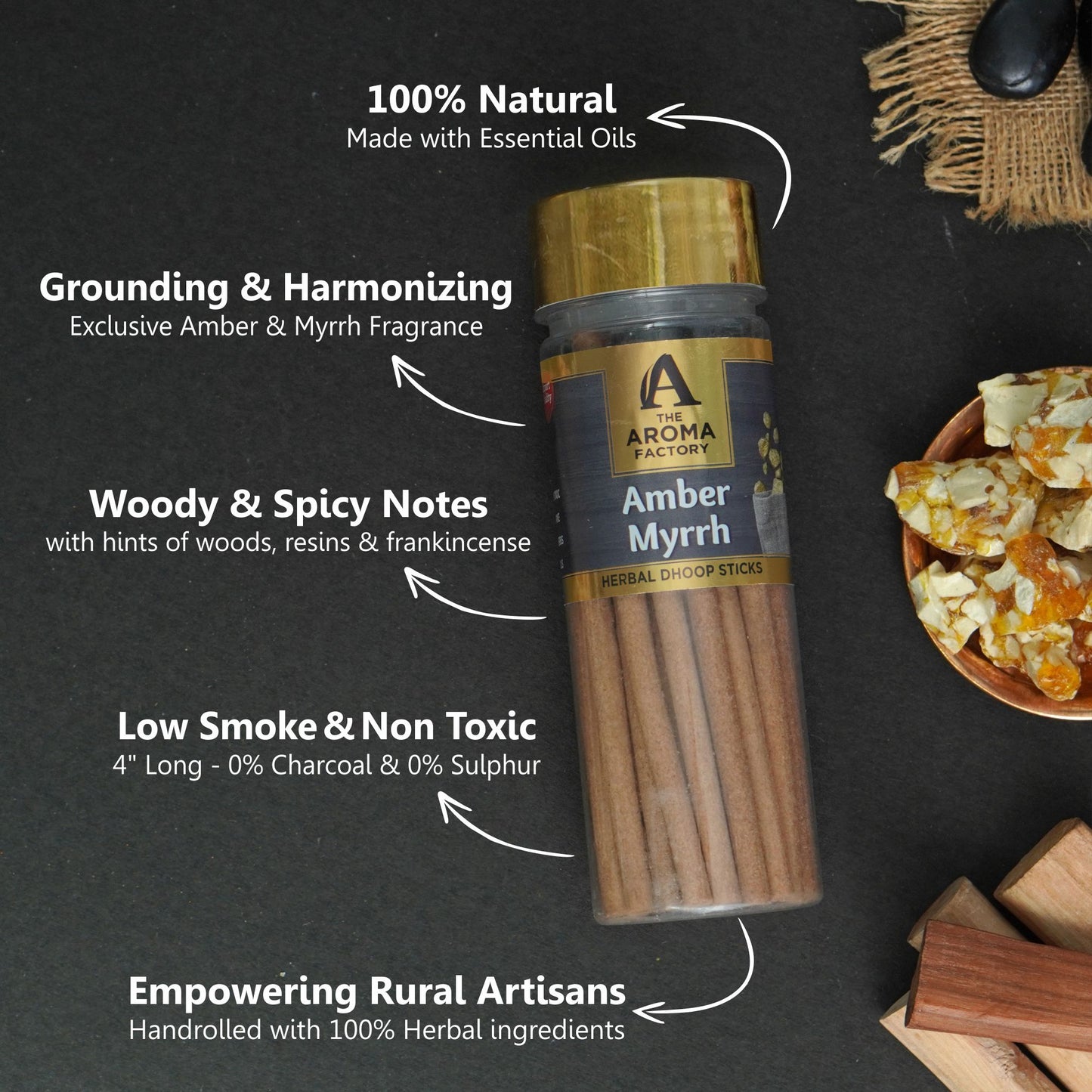 The Aroma Factory Amber & Myrrh Dhoop Stick (0% Charcoal 0% Suphates) Herbal Incense Dhoopbatti Bottle Pack, 100 g