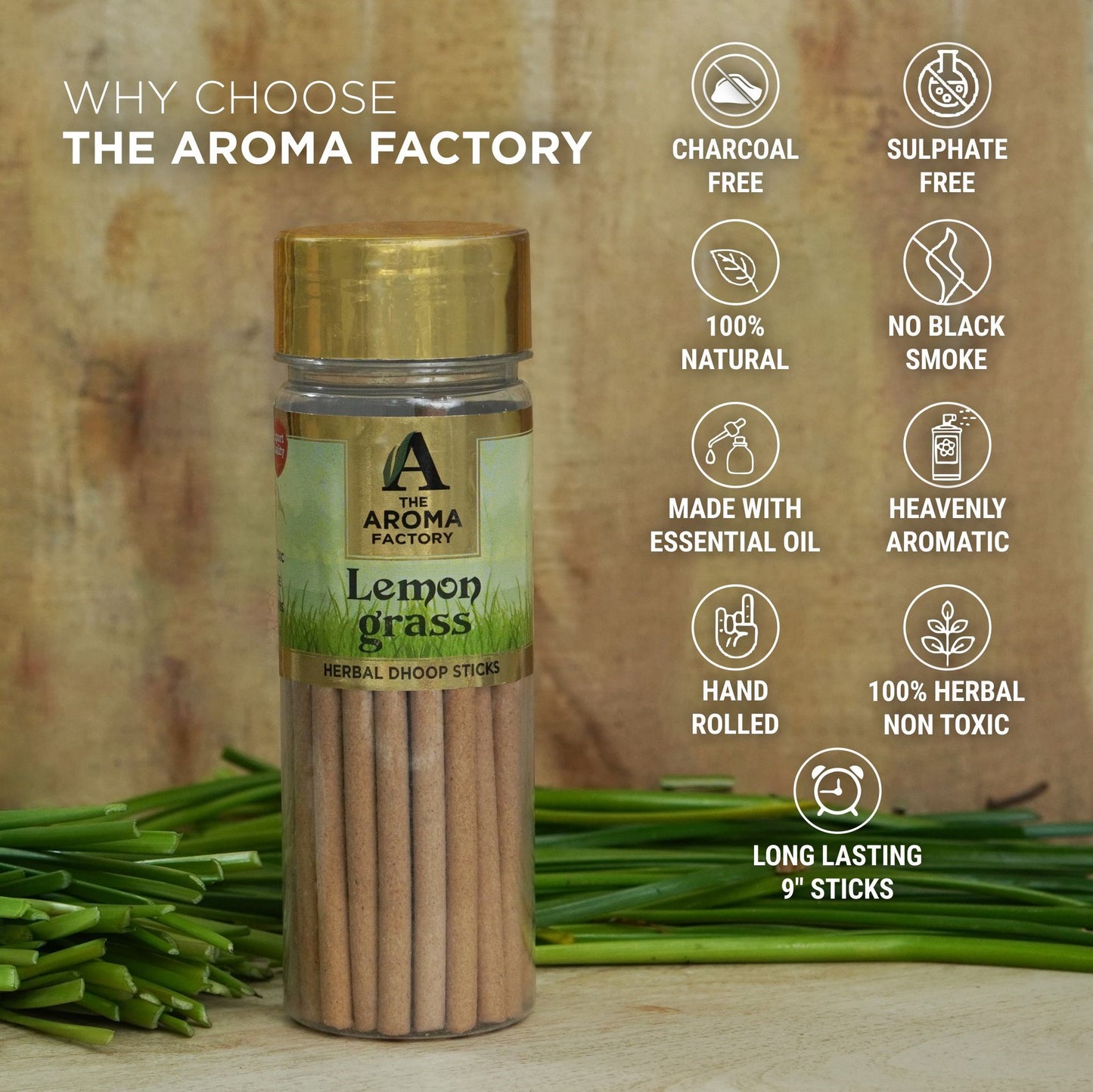 The Aroma Factory Lemongrass Dhoop Stick (0% Charcoal 0% Suphates) Herbal Incense Dhoopbatti Bottle Pack,100 g