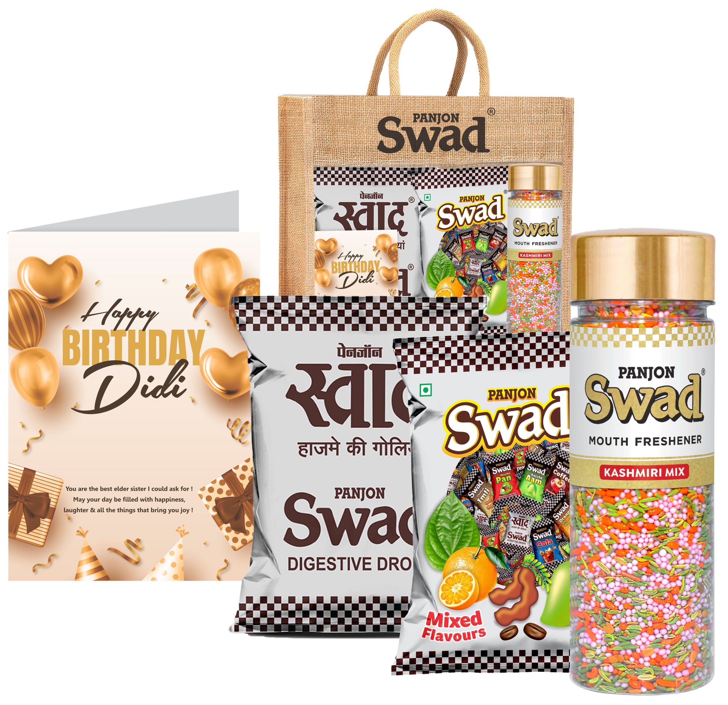 Swad Happy Birthday Didi Elder sister Gift with Card (25 Swad Candy, 25 Mixed Toffee, Kashmiri Mix Mukhwas) in Jute Bag