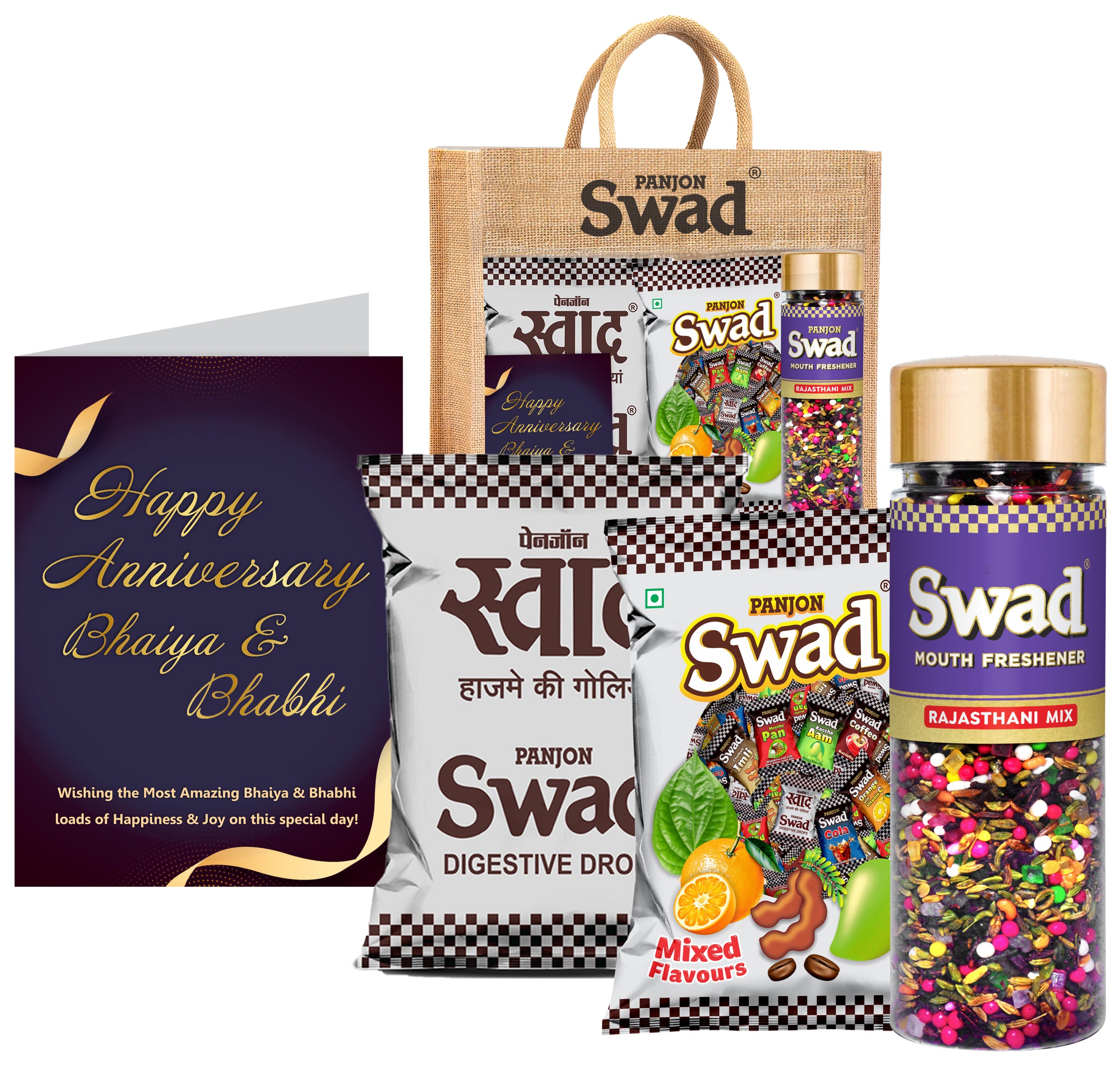 Swad Happy Anniversary Bhaiya Bhabhi Gift with Card (25 Swad Candy, 25 Mixed Toffee, Rajasthani Mix Mukhwas) in Jute Bag