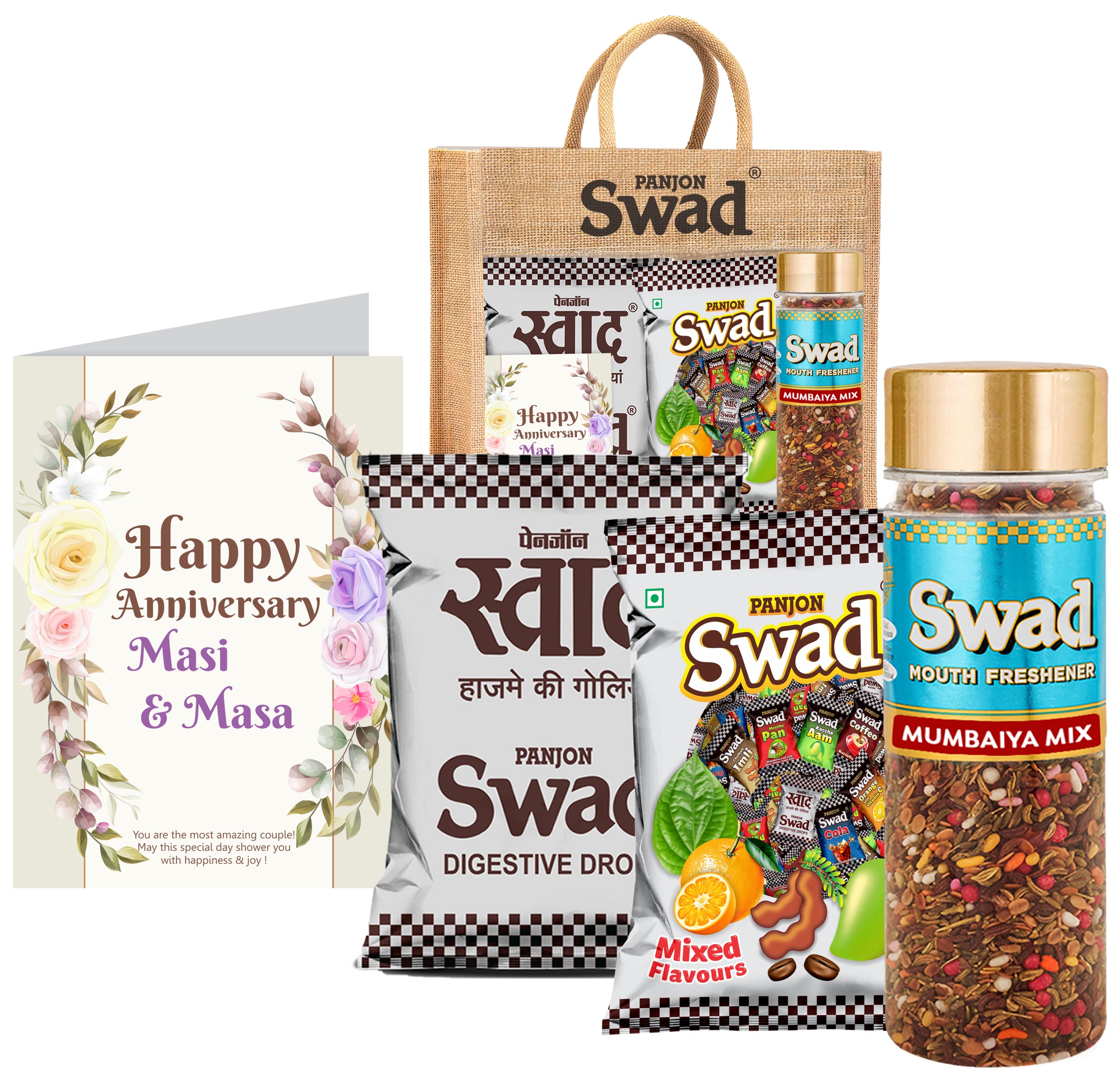 Swad Happy Anniversary Masi/Mousi & Masaji/Mosa Gift with Card (25 Swad Candy, 25 Mixed Toffee, Mumbaiya Mix Mukhwas) in Jute Bag