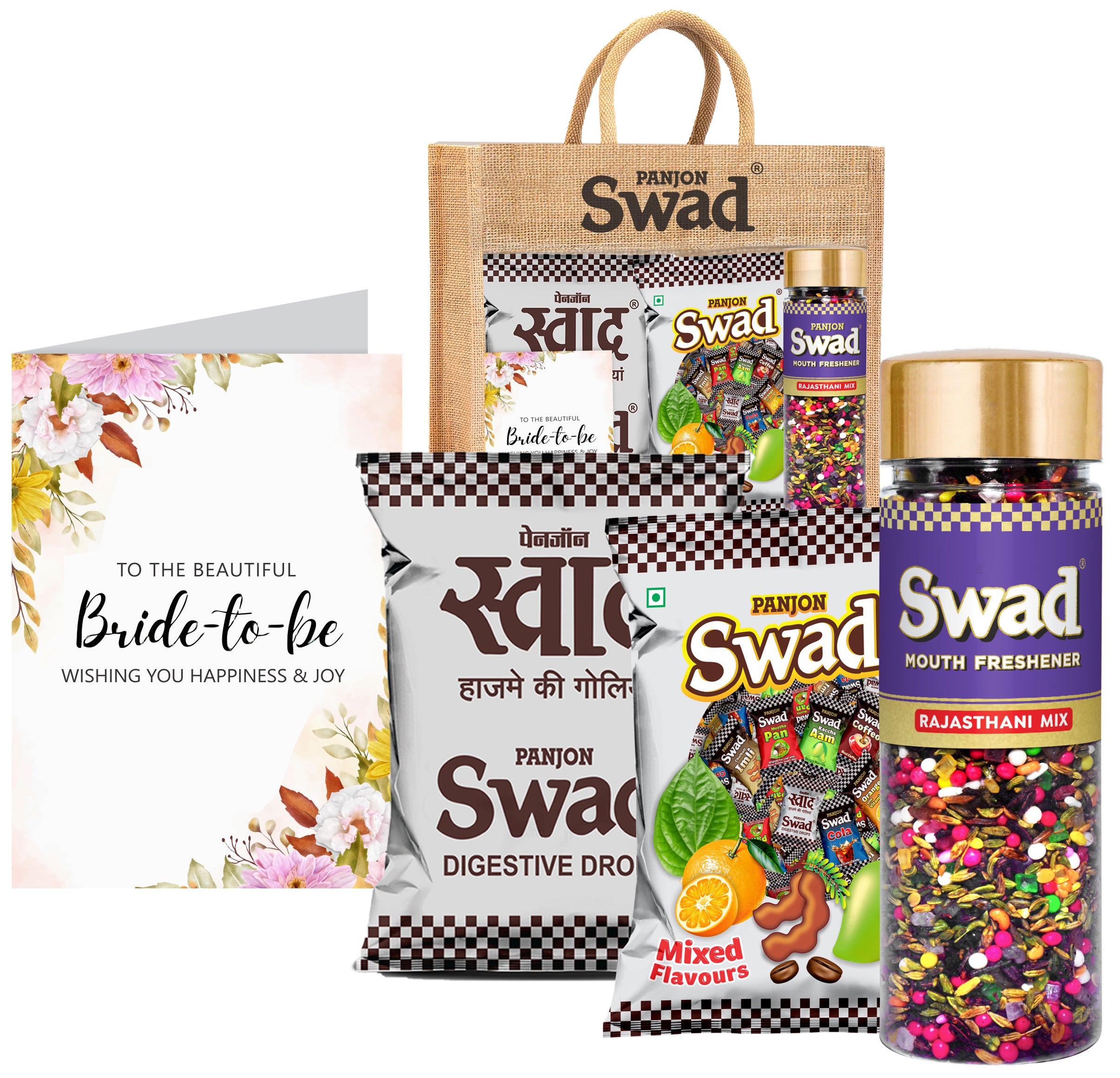 Swad Prospective Bride To Be/engaged Gift with Card (25 Swad Candy, 25 Mixed Toffee, Rajasthani Mix Mukhwas) in Jute Bag