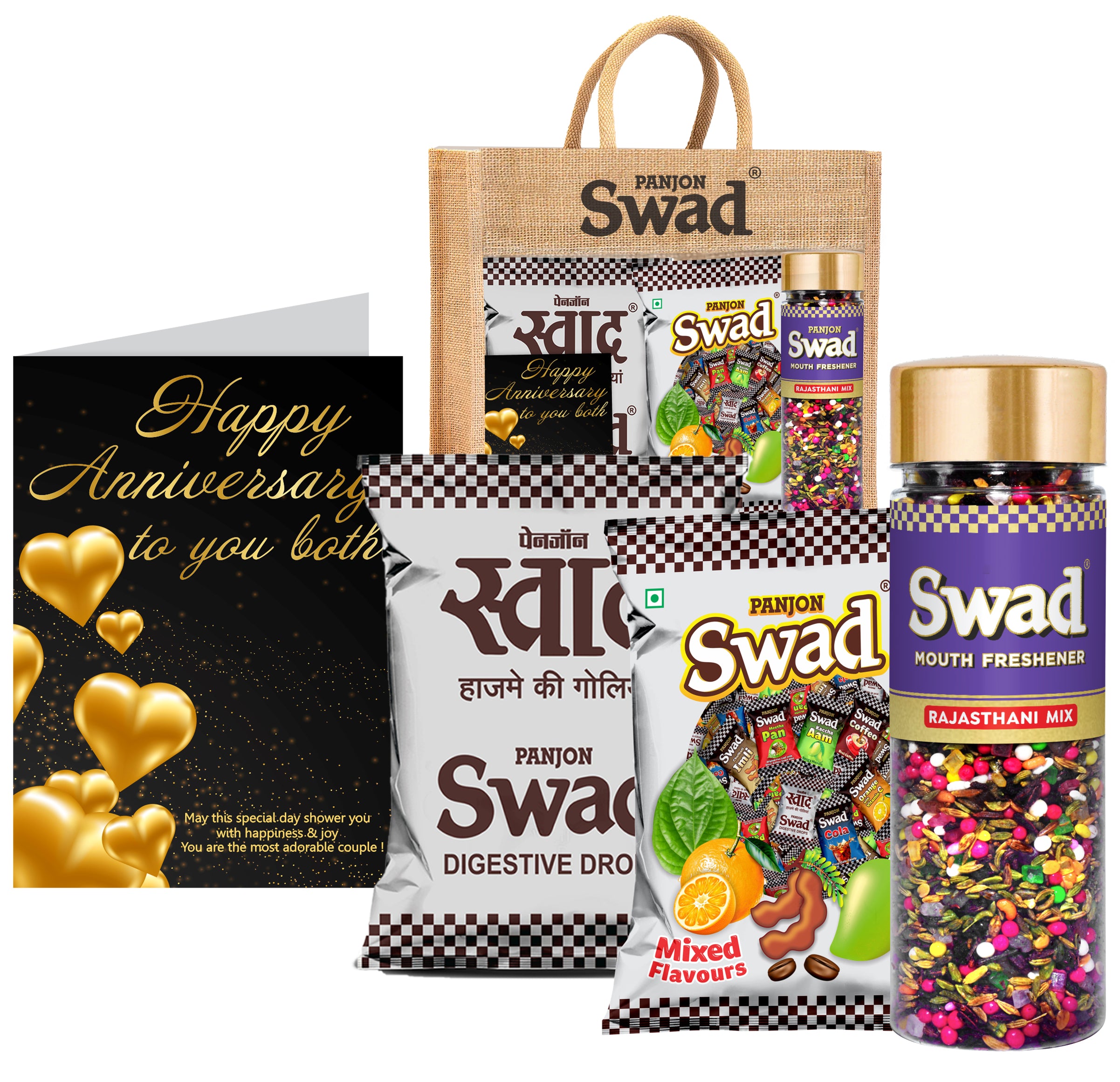 Swad Happy Anniversary Friends Gift with Card (25 Swad Candy, 25 Mixed Toffee, Rajasthani Mix Mukhwas) in Jute Bag