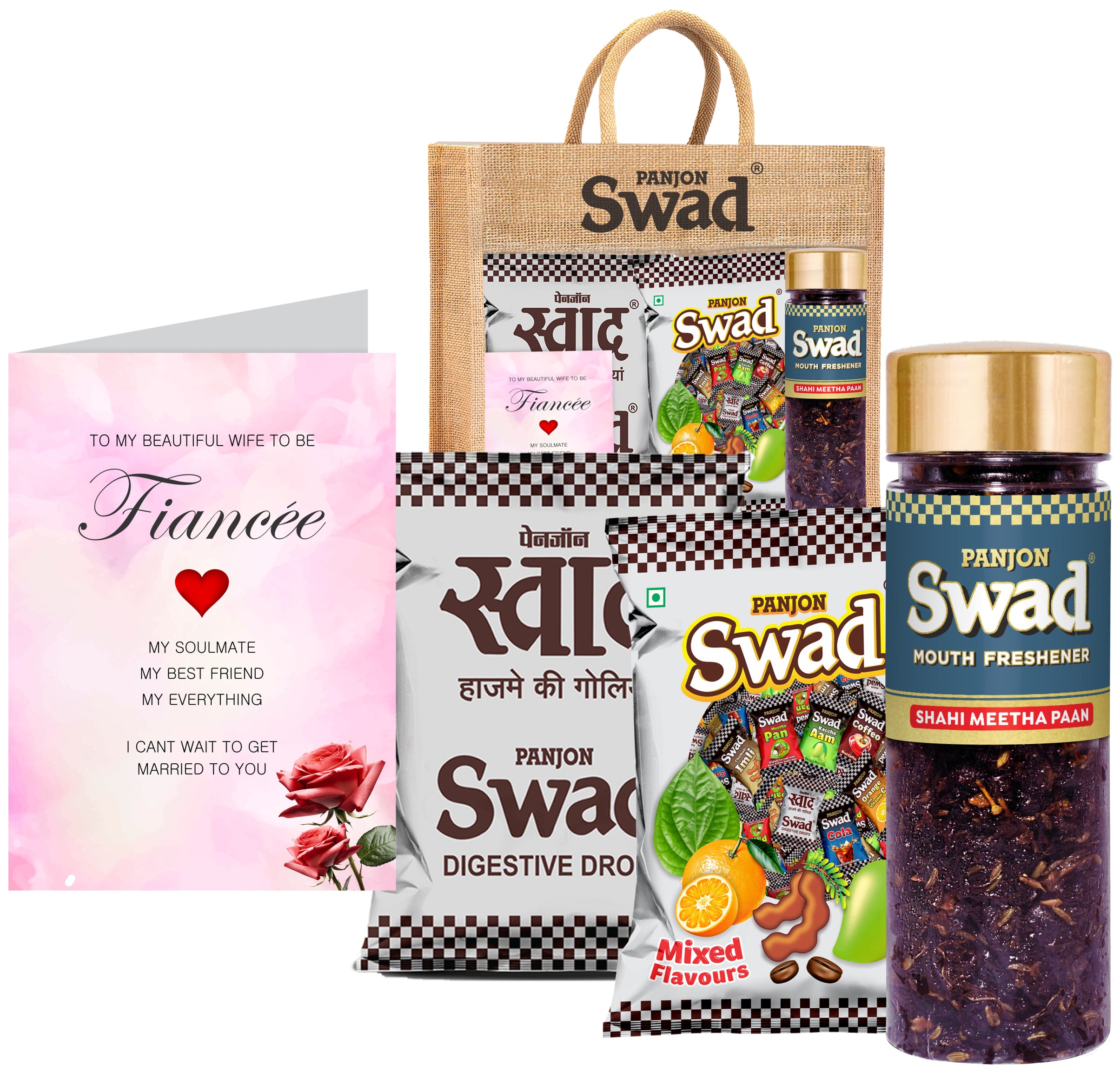 Swad Gift for Fiancee female/Wife to be with Card (25 Swad Candy, 25 Mixed Toffee, Shahi Meetha Paan Mix Mukhwas) in Jute Bag