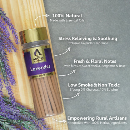 The Aroma Factory Lavender Dhoop Stick (0% Charcoal 0% Suphates) Herbal Incense Dhoopbatti Bottle Pack, 100g