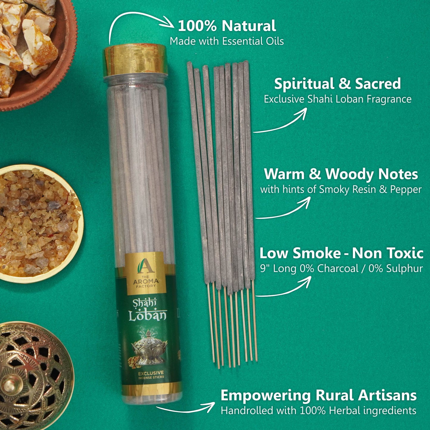 The Aroma Factory Shahi Loban Incense Stick (0% Charcoal 0% Sulphates) Organic Lobhan Agarbatti Bottle Pack, 100G