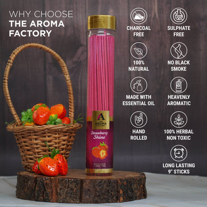The Aroma Factory Strawberry Incense Stick (0% Charcoal 0% Sulphates) Organic & Herbal Fruity Agarbatti Bottle Pack, 100G