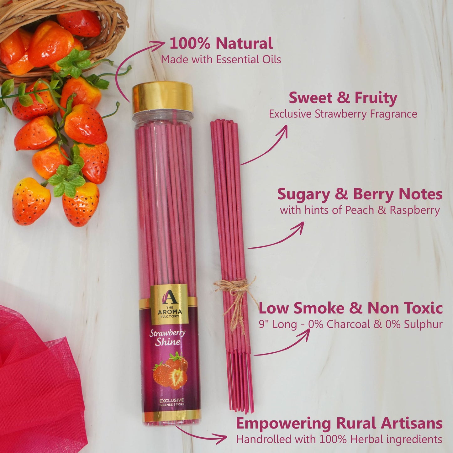 The Aroma Factory Strawberry Incense Stick (0% Charcoal 0% Sulphates) Organic & Herbal Fruity Agarbatti Bottle Pack, 100G