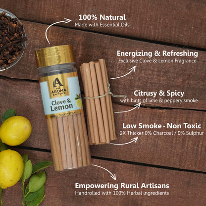 The Aroma Factory Clove & Lemon Dhoop Stick (0% Charcoal 0% Suphates) Herbal Incense Dhoopbatti Bottle Pack,100 g