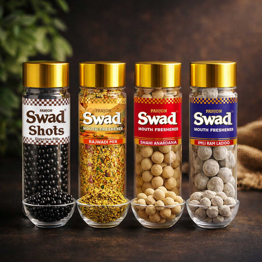 Swad Mouth Fresheners Digestive Shots, Rajwadi Mukhwas, Anardana Goli, Imli Laddoo, 4 bottle,