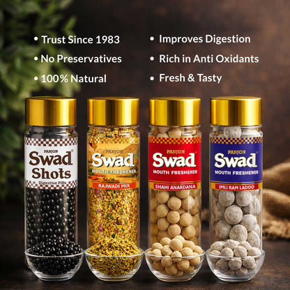 Swad Mouth Fresheners Digestive Shots, Rajwadi Mukhwas, Anardana Goli, Imli Laddoo, 4 bottle,