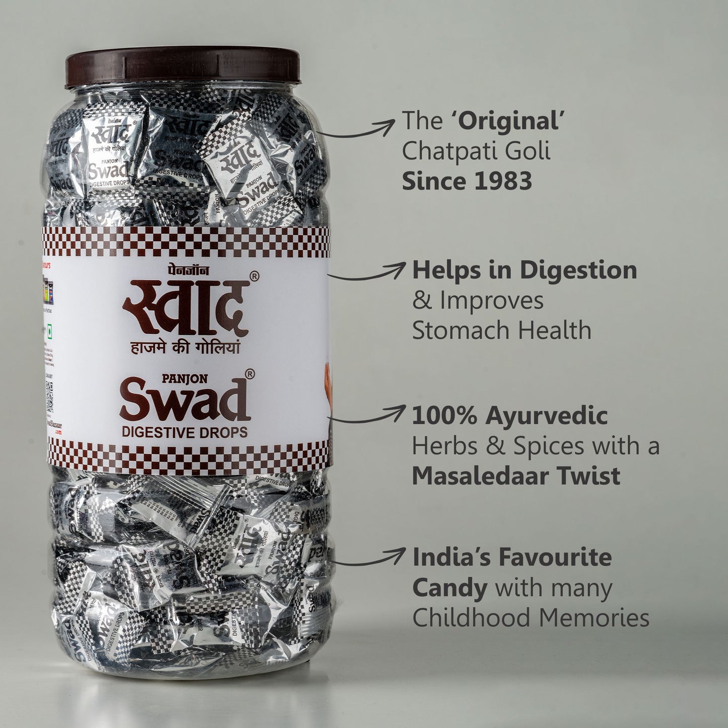 Swad Digestive Drops (Original Candy Since 1983) Sweet & Spicy Masala Flavour, 300 Toffee Jar