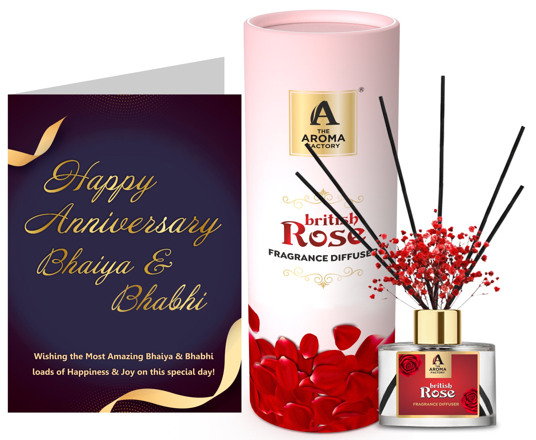 The Aroma Factory Happy Anniversary Bhaiya Bhabhi Gift with Card, British Rose Fragrance Reed Diffuser Set (1 Box + 1 Card)