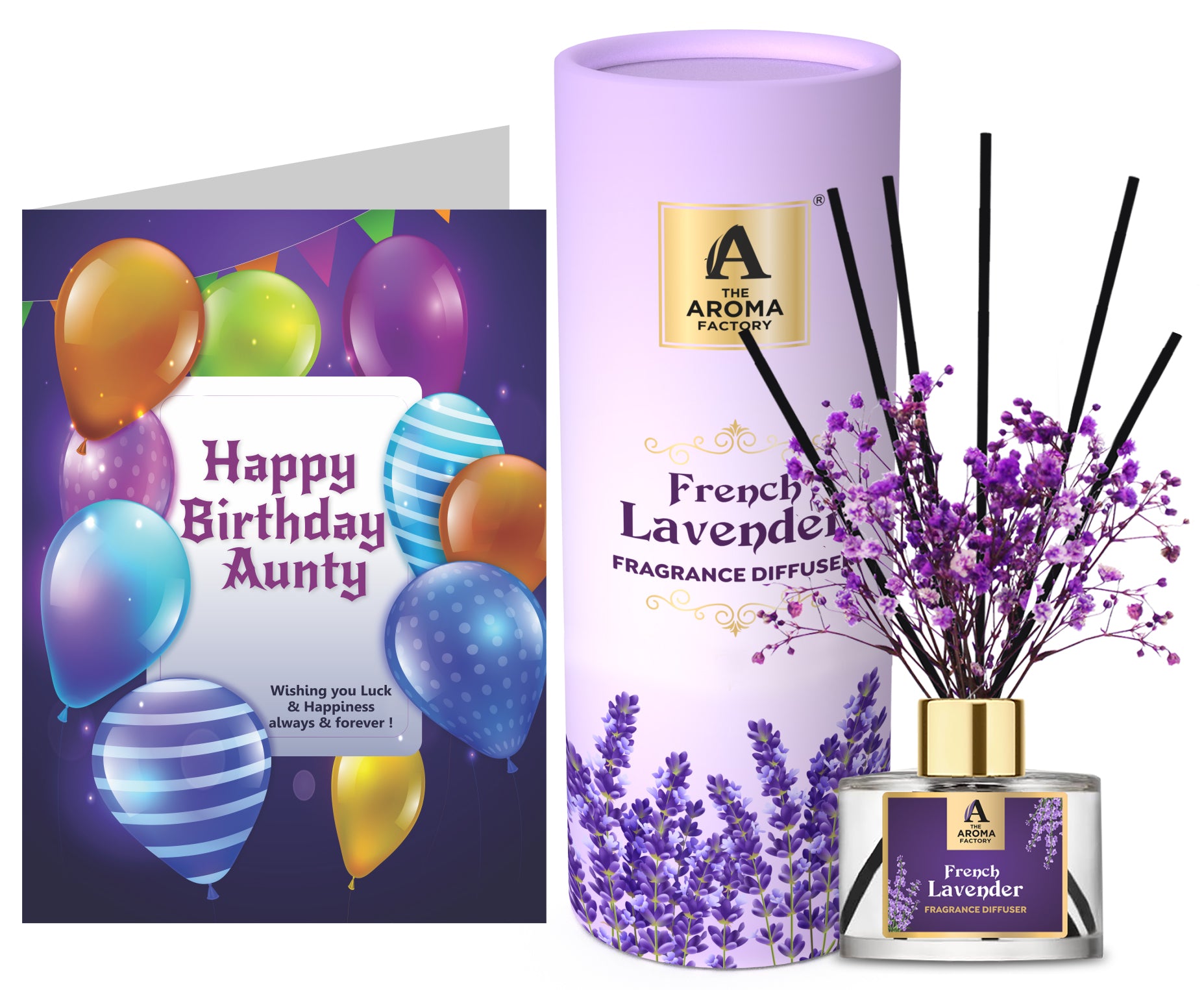 The Aroma Factory Happy Birthday Aunty Gift with Card, French Lavender Fragrance Reed Diffuser Set (1 Box + 1 Card)