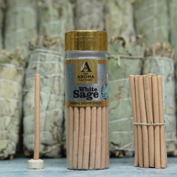 The Aroma Factory White Sage Dhoop Stick (0% Charcoal 0% Suphates) Herbal Smudging Incense Dhoopbatti Bottle Pack, 75g