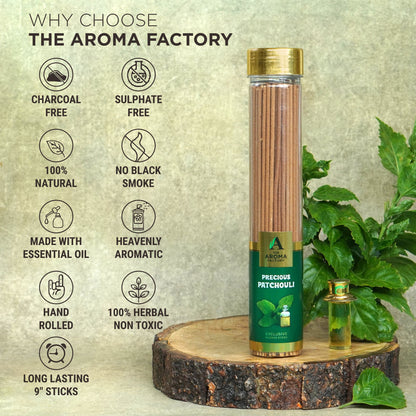 The Aroma Factory Patchouli Incense Stick (0% Charcoal 0% Sulphates) Organic Agarbatti Bottle Pack, 100G