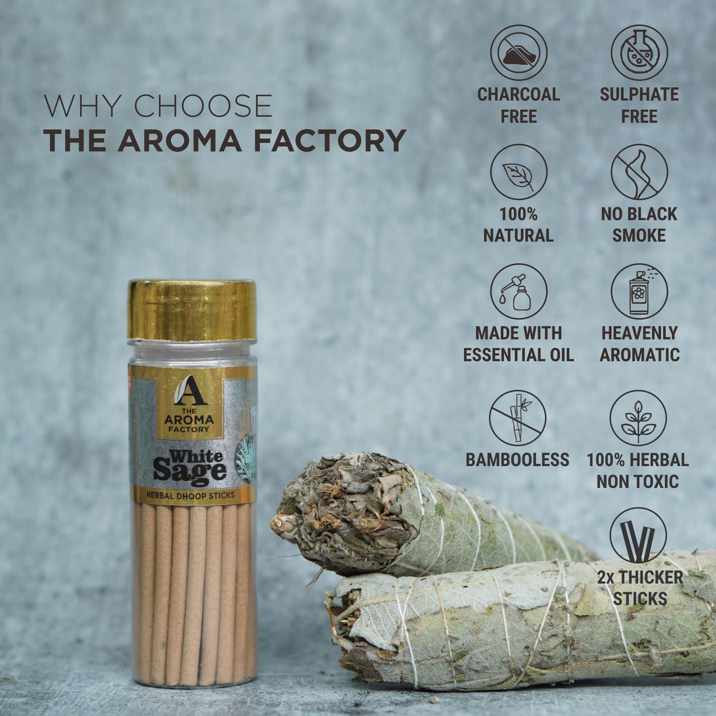 The Aroma Factory White Sage Dhoop Stick (0% Charcoal 0% Suphates) Herbal Smudging Incense Dhoopbatti Bottle Pack, 100 g