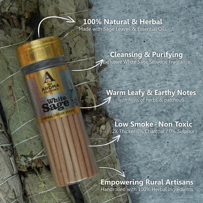 The Aroma Factory White Sage Dhoop Stick (0% Charcoal 0% Suphates) Herbal Smudging Incense Dhoopbatti Bottle Pack, 100 g