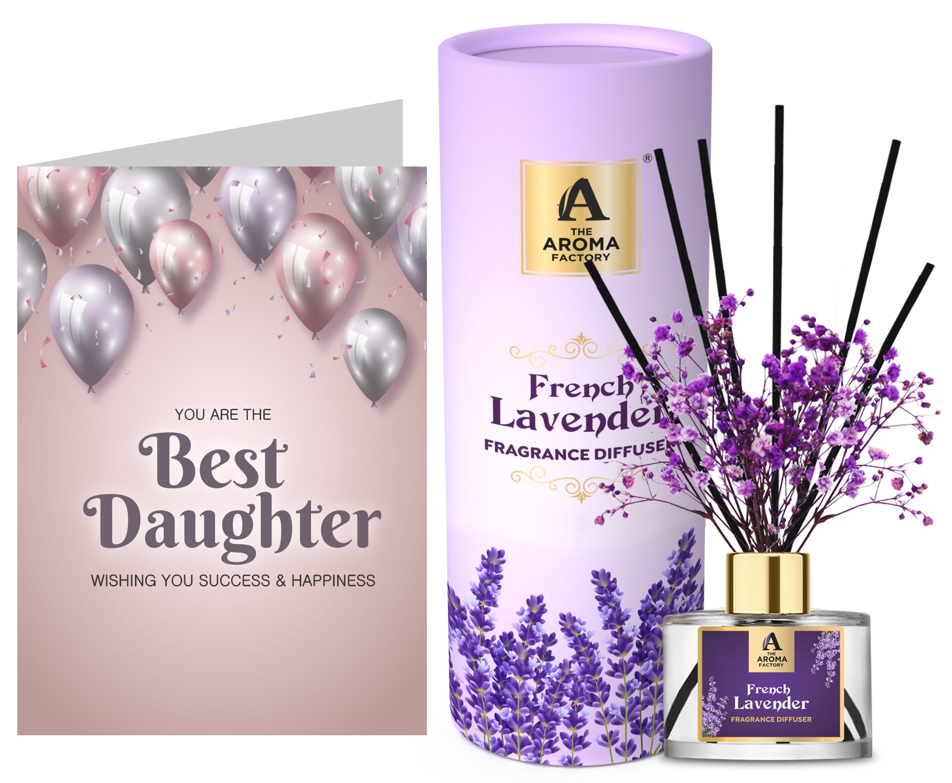 The Aroma Factory Best Daughter Gift with Card, French Lavender Fragrance Reed Diffuser Set (1 Box &1 Card)