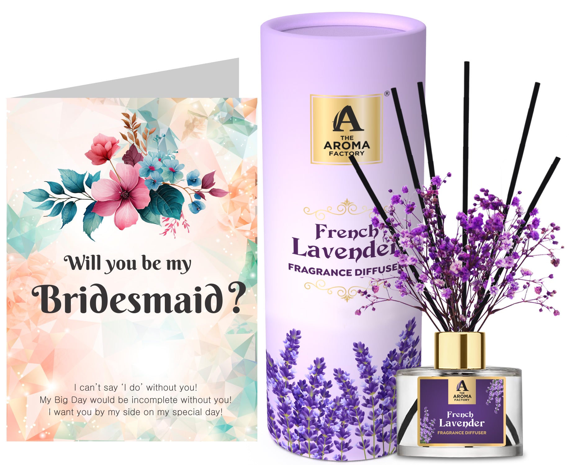 The Aroma Factory Bridesmaid Hamper Gift for pre Wedding with Card, French Lavender Fragrance Reed Diffuser Set (1 Box + 1 Card)