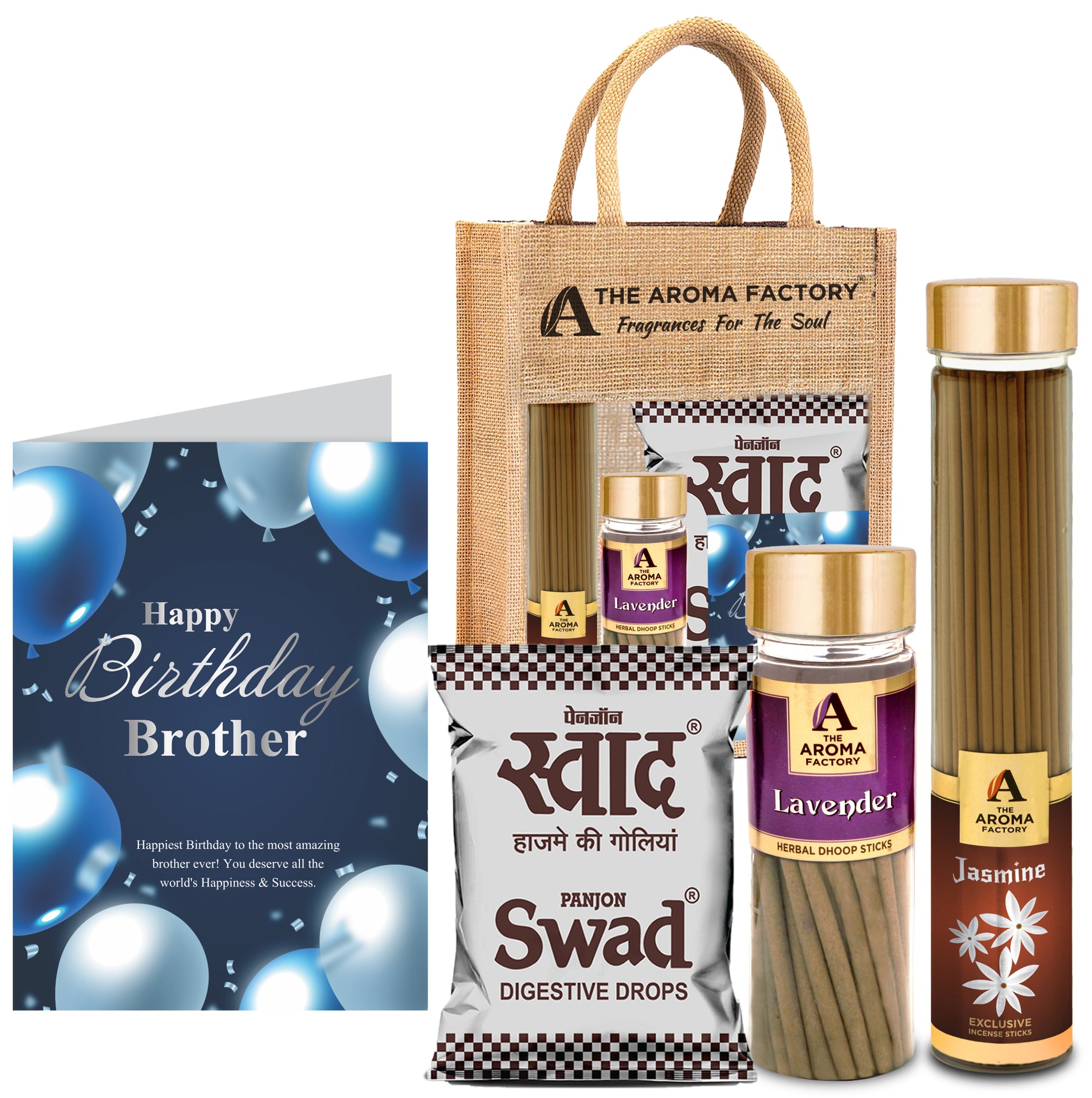The Aroma Factory Happy Birthday Brother Bhaiya Gift with Card (25 Swad Candy, Jasmine Agarbatti Bottle, Lavender Dhoopbatti) in Jute Bag