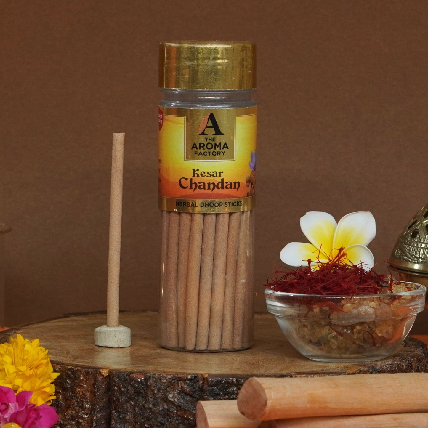 The Aroma Factory Kesar Chandan Dhoop Stick (0% Charcoal 0% Suphates) Herbal Saffron Sandal Incense Dhoopbatti Bottle Pack,100 g