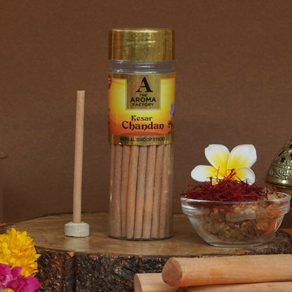 The Aroma Factory Kesar Chandan Dhoop Stick (0% Charcoal 0% Suphates) Herbal Saffron Sandal Incense Dhoopbatti Bottle Pack,100 g