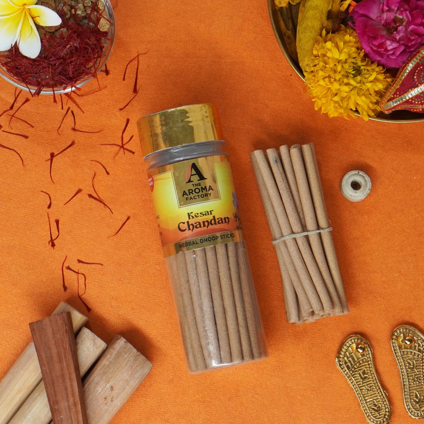 The Aroma Factory Kesar Chandan Dhoop Stick (0% Charcoal 0% Suphates) Herbal Saffron Sandal Incense Dhoopbatti Bottle Pack,100 g