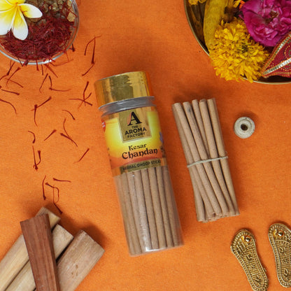 The Aroma Factory Kesar Chandan Dhoop Stick (0% Charcoal 0% Suphates) Herbal Saffron Sandal Incense Dhoopbatti Bottle Pack,100 g