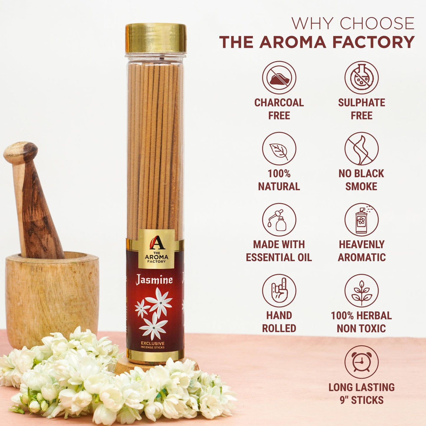 The Aroma Factory Jasmine Incense Stick Agarbatti (0% Charcoal 0% Sulphates) Herbal Agarbatti Bottle Pack, 100G