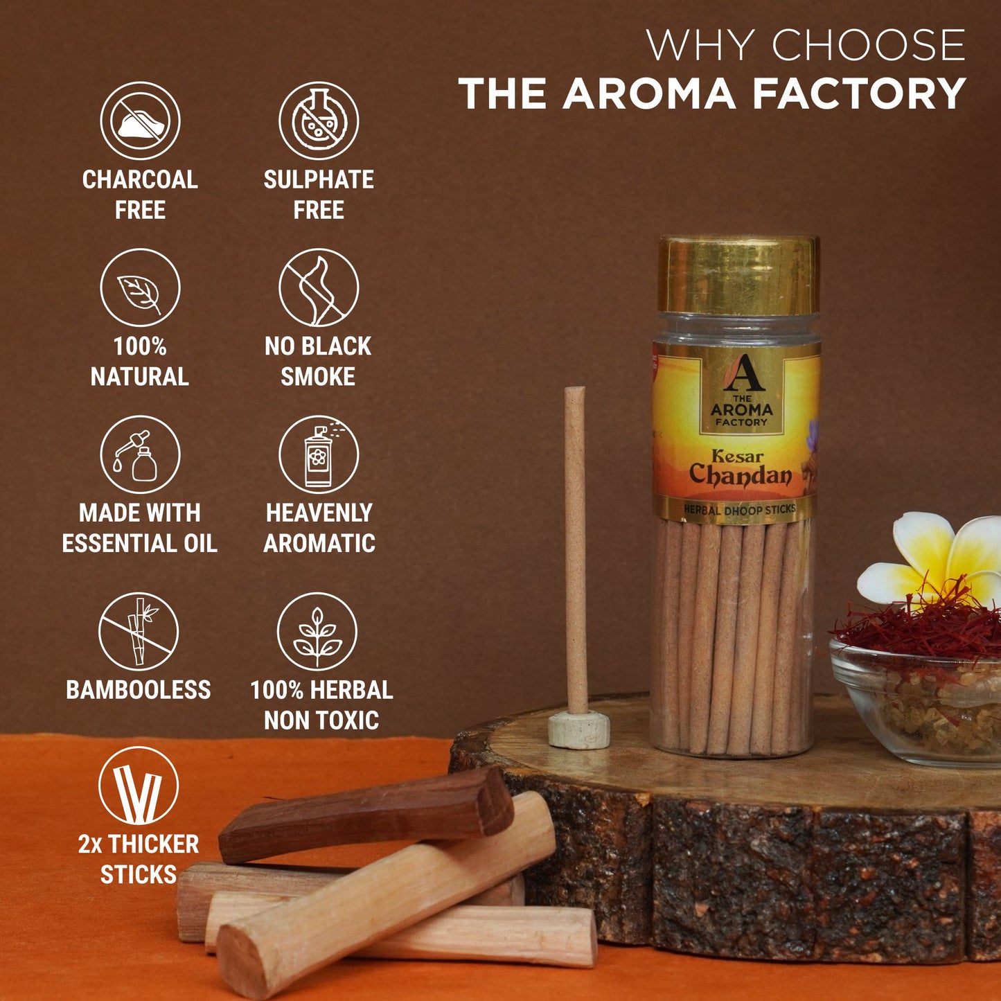 The Aroma Factory Kesar Chandan Dhoop Stick (0% Charcoal 0% Suphates) Herbal Saffron Sandal Incense Dhoopbatti Bottle Pack,100 g