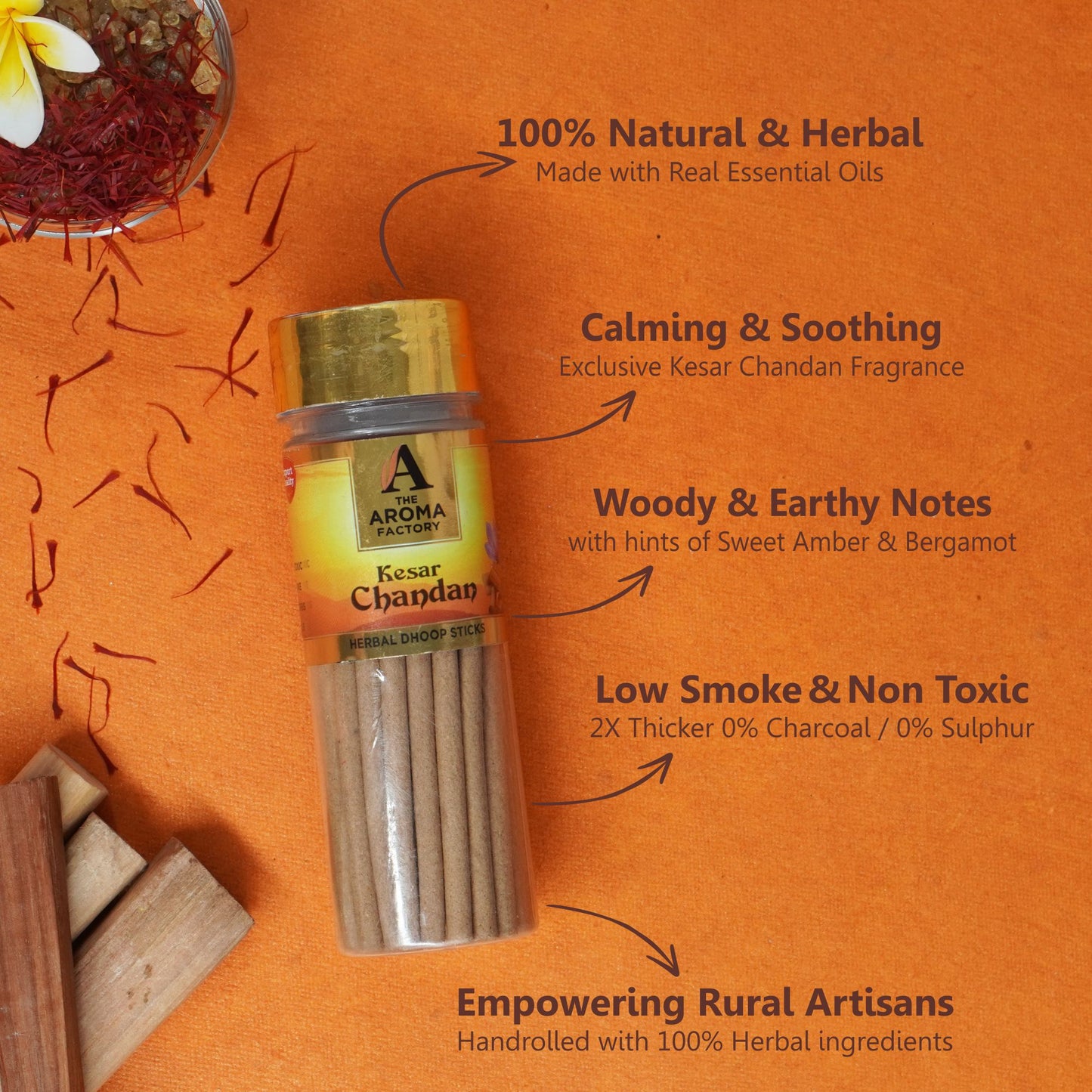 The Aroma Factory Kesar Chandan Dhoop Stick (0% Charcoal 0% Suphates) Herbal Saffron Sandal Incense Dhoopbatti Bottle Pack,100 g