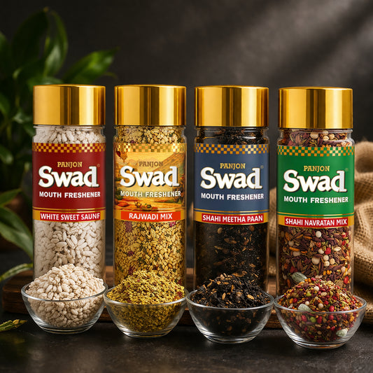 Swad Mouth Freshener White Sweet Saunf, Rajwadi Mix, Shahi Meetha Paan, Navaratan Mukhwas, 4 bottle
