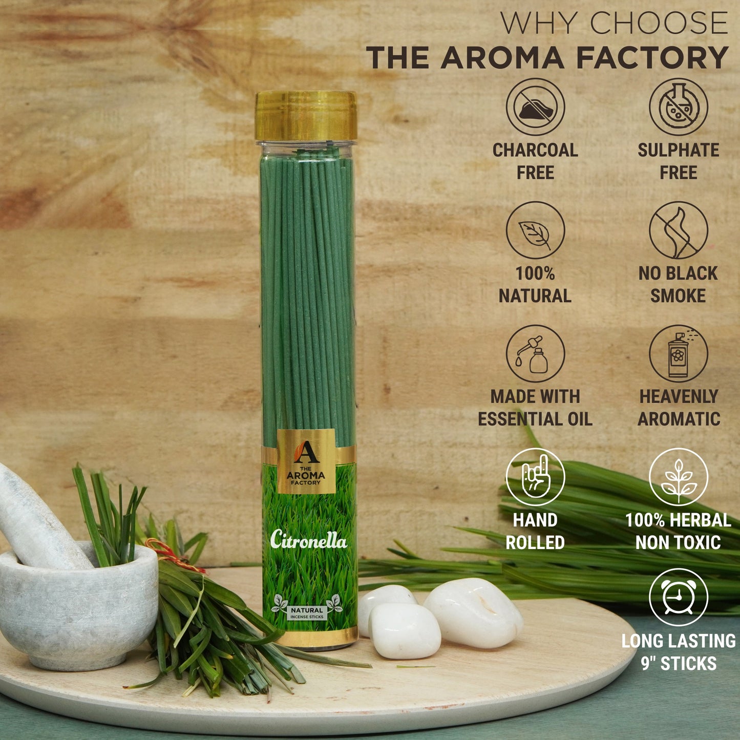 The Aroma Factory Citronella Herbal Incense Stick (0% Charcoal 0% Sulphates) Agarbatti Bottle Pack, 100G