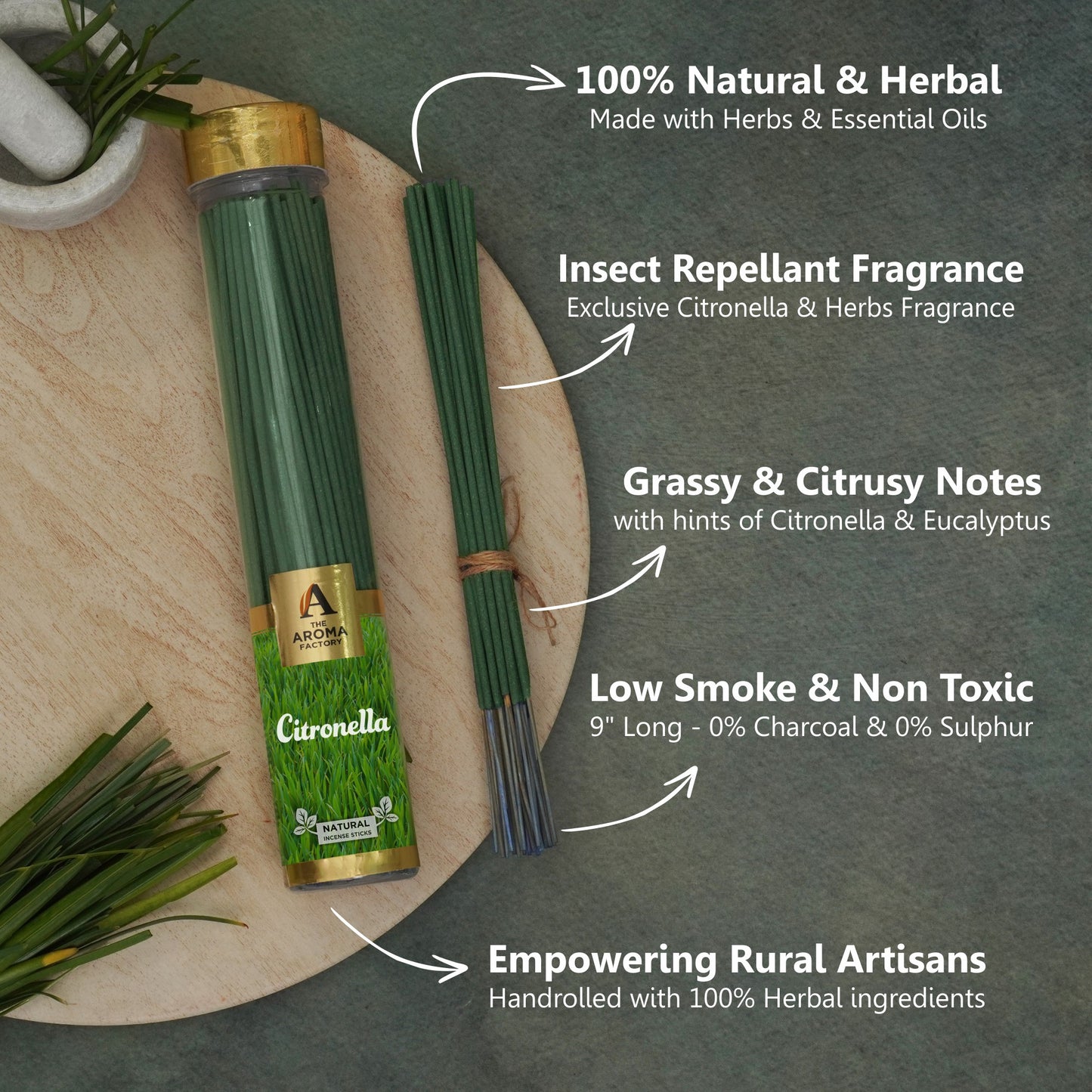 The Aroma Factory Citronella Herbal Incense Stick (0% Charcoal 0% Sulphates) Agarbatti Bottle Pack, 100G