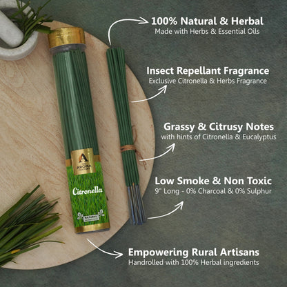 The Aroma Factory Citronella Herbal Incense Stick (0% Charcoal 0% Sulphates) Agarbatti Bottle Pack, 100G