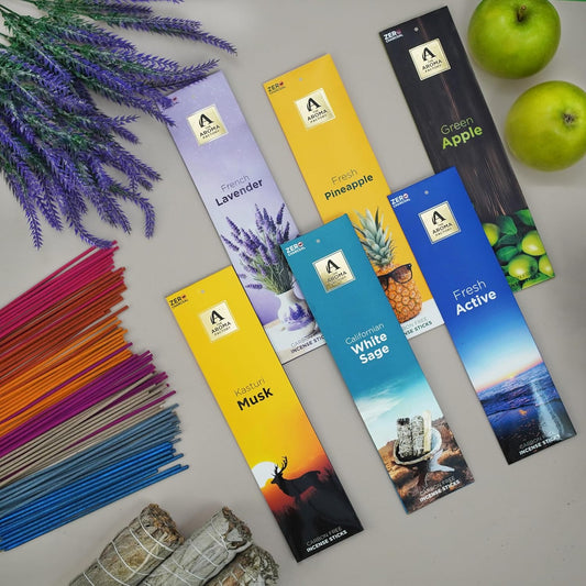 The Aroma Factory Premium Incense Sticks for Pooja | Set of 6 Fragrances Gift Pack (Lavender, Musk, White Sage, Fresh, Apple) 120 Agarbatti (6 x 20 Sticks Each)