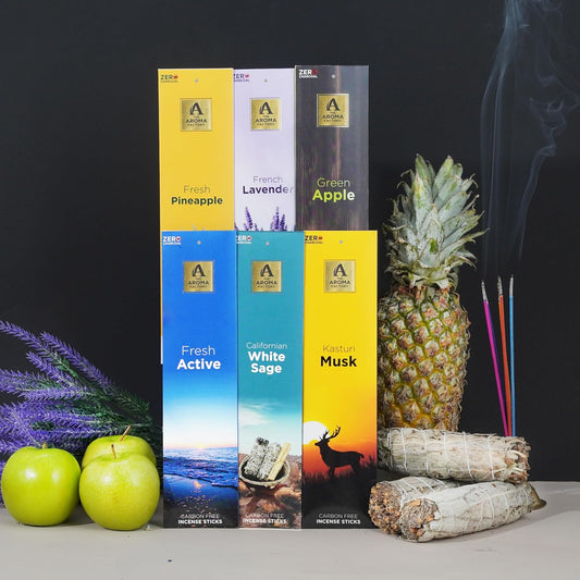 The Aroma Factory Premium Incense Sticks for Pooja | Set of 6 Fragrances Gift Pack (Lavender, Musk, White Sage, Fresh, Apple) 120 Agarbatti (6 x 20 Sticks Each)