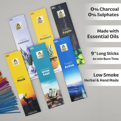 The Aroma Factory Premium Incense Sticks for Pooja | Set of 6 Fragrances Gift Pack (Lavender, Musk, White Sage, Fresh, Apple) 120 Agarbatti (6 x 20 Sticks Each)