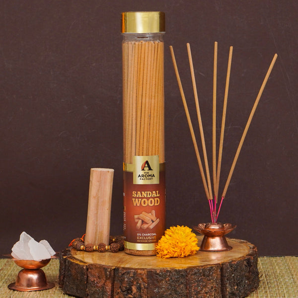 The Aroma Factory Sandalwood Incense Stick (0% Charcoal 0% Sulphates) Organic & Herbal Chandan Agarbatti Bottle Pack, 100G