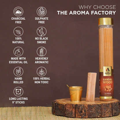 The Aroma Factory Sandalwood Incense Stick (0% Charcoal 0% Sulphates) Organic & Herbal Chandan Agarbatti Bottle Pack, 100G
