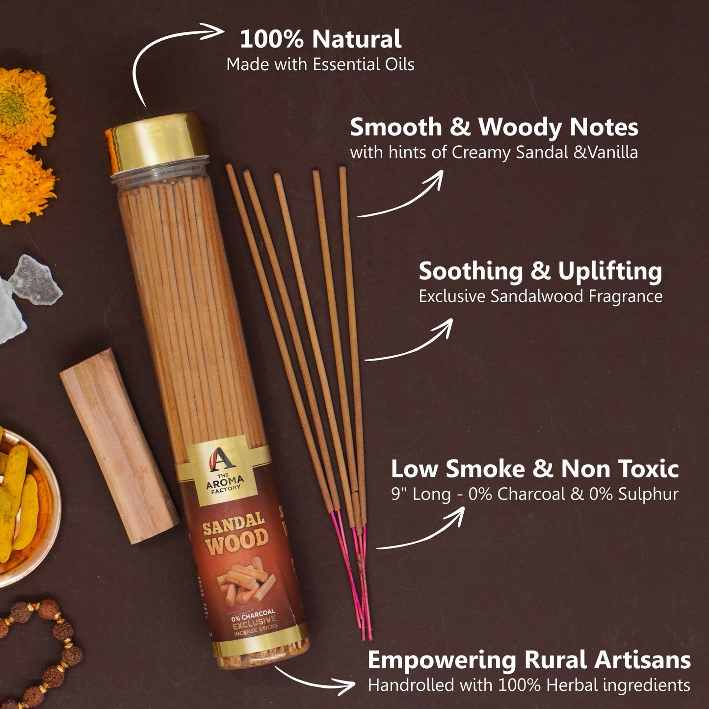 The Aroma Factory Sandalwood Incense Stick (0% Charcoal 0% Sulphates) Organic & Herbal Chandan Agarbatti Bottle Pack, 100G
