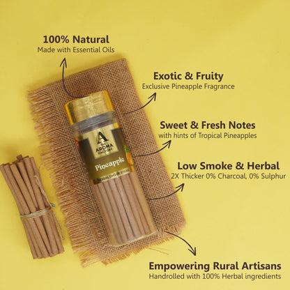 The Aroma Factory Pineapple Dhoop Stick (0% Charcoal 0% Suphates) Herbal Bambooless Incense Dhoopbatti Bottle Pack, 100 g