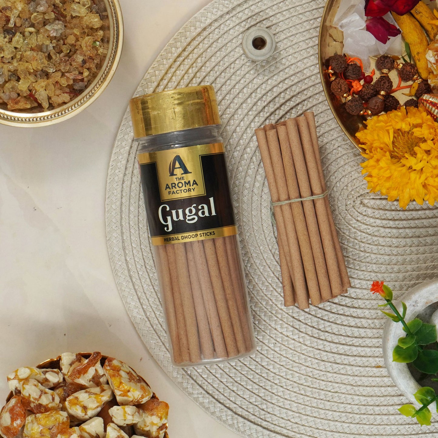 The Aroma Factory Gugal Dhoop Stick (0% Charcoal 0% Suphates) Herbal Guggal Incense Dhoopbatti Bottle Pack, 100g