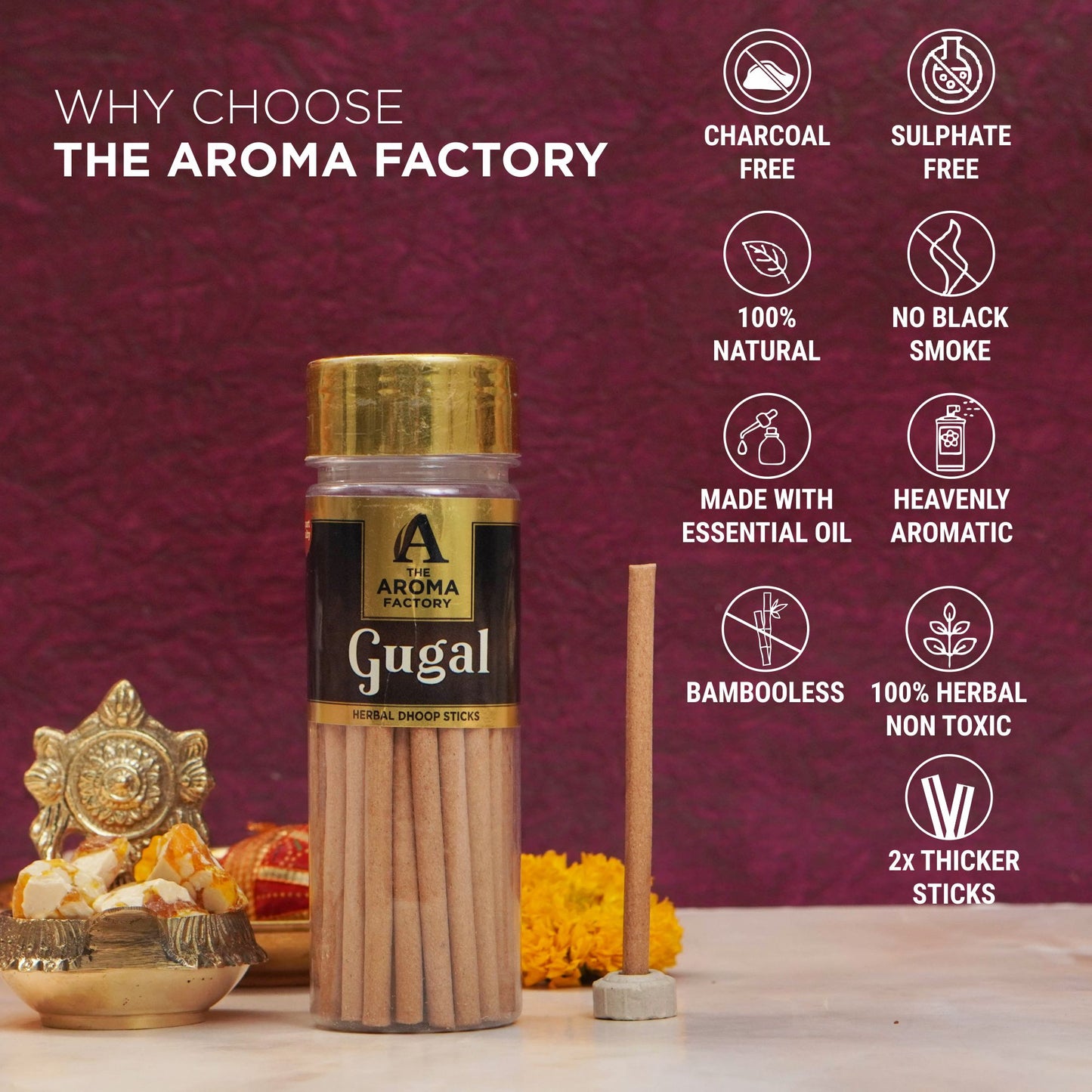 The Aroma Factory Gugal Dhoop Stick (0% Charcoal 0% Suphates) Herbal Guggal Incense Dhoopbatti Bottle Pack, 100g