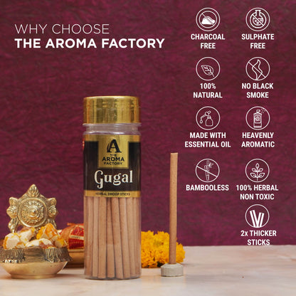 The Aroma Factory Gugal Dhoop Stick (0% Charcoal 0% Suphates) Herbal Guggal Incense Dhoopbatti Bottle Pack, 100g